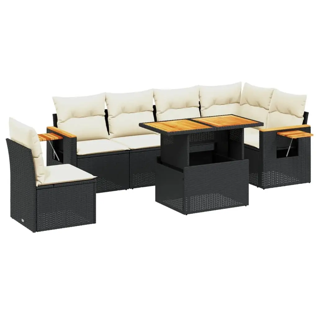 7 Piece Modular Sofa Set Black PE Rattan Outdoor Furniture with Cushions and Adjustable Table