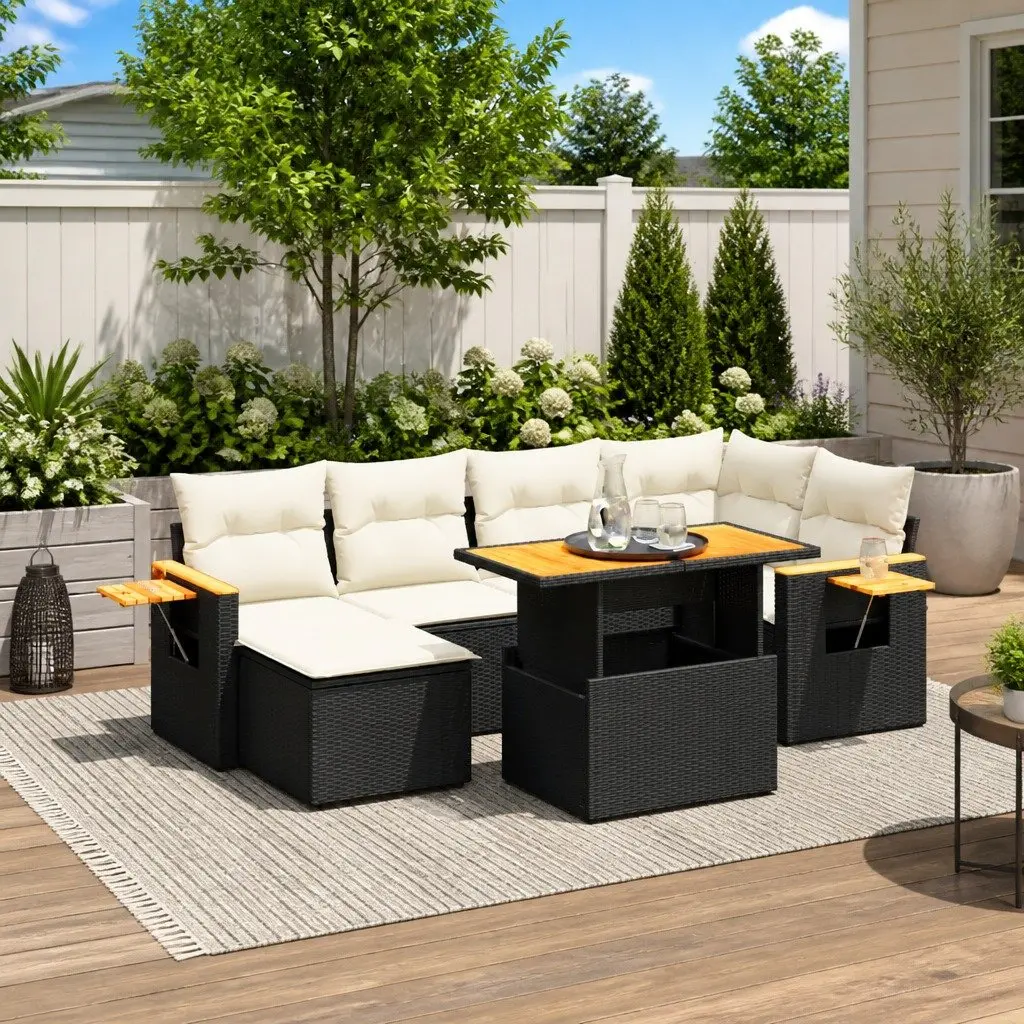 7 Piece Garden Sofa Set PE Rattan Modular Black Outdoor Patio Furniture