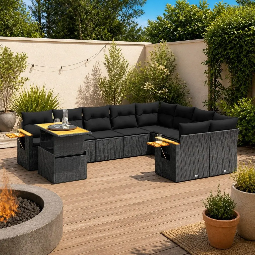 10 Piece Modular Outdoor Patio Furniture Set Black PE Rattan with Removable Cushion Covers