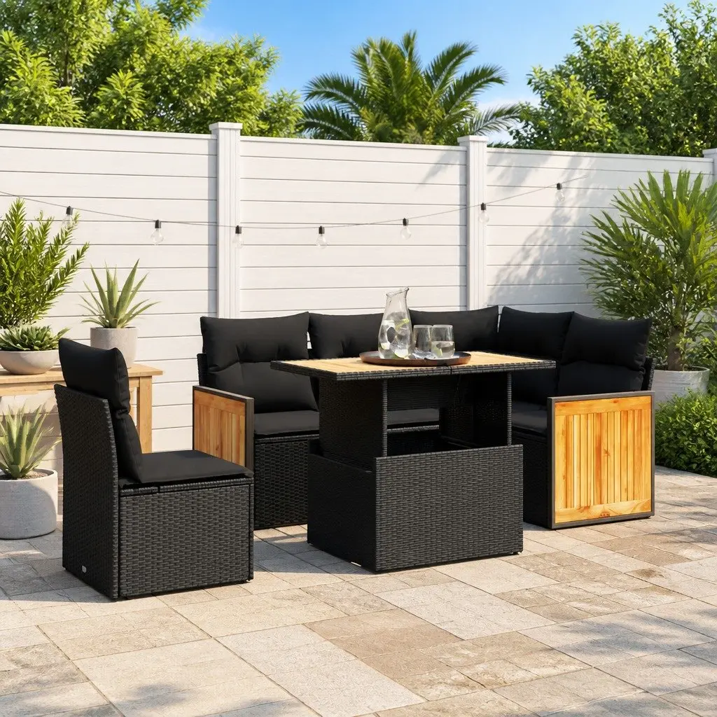 Outdoor Furniture Set Modular Black PE Rattan 6 Piece Lounge Sofa with Adjustable Tabletop