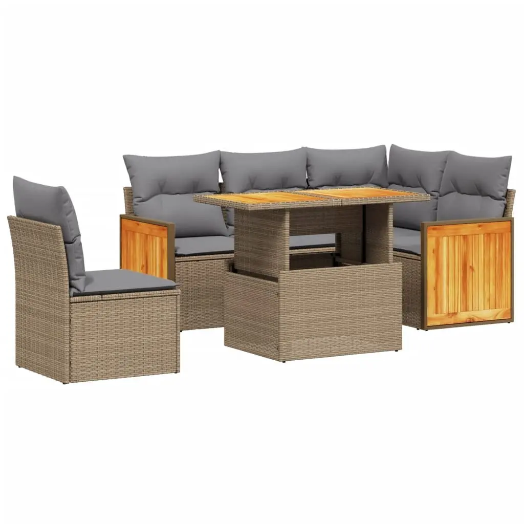 Modular Outdoor Furniture Set 6 Piece Beige PE Rattan Sofa with Adjustable Tabletop and Removable Cushion Covers