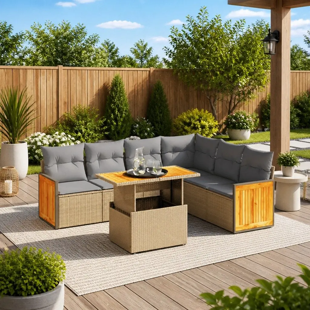 7PieceModularPatioSofaSetBeigePEPolyRattanOutdoorGardenWithCushionsAndAdjustableTable