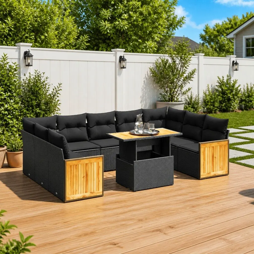 Outdoor Patio Furniture Set 10 Piece Modular Black PE Rattan Sofa with Adjustable Table and Cushions
