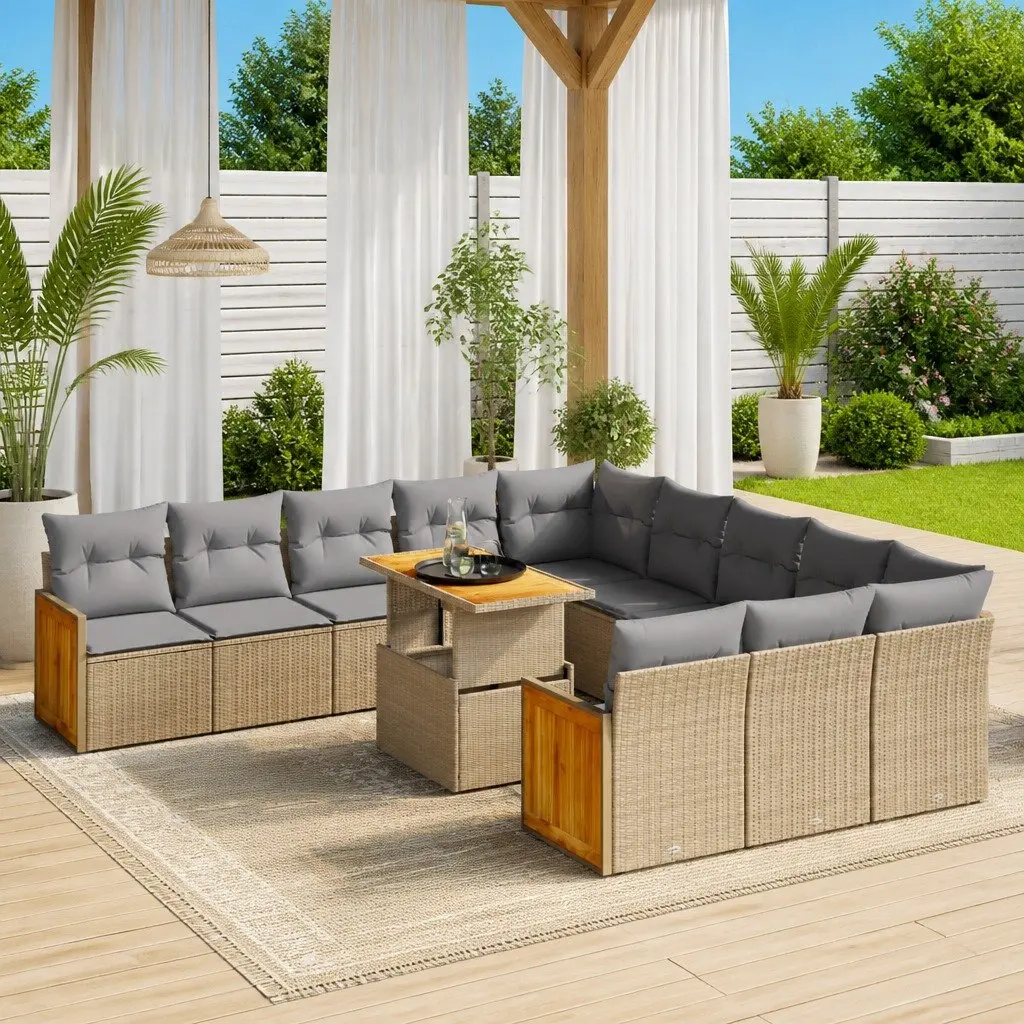Outdoor Garden Sofa Set 11 Piece Patio Furniture Beige Poly Rattan Cushions