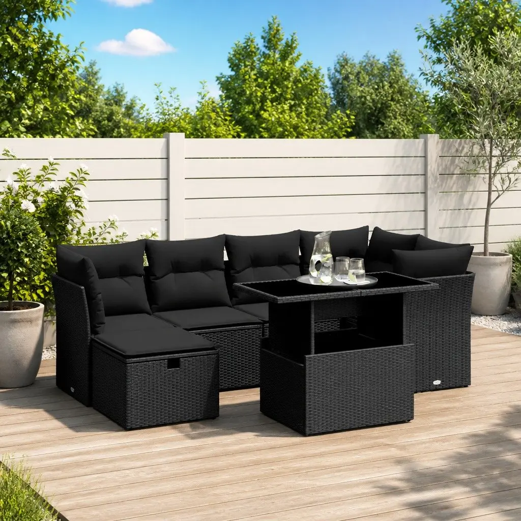 7 Piece Garden Sofa Set Modular Outdoor Furniture PE Rattan Black
