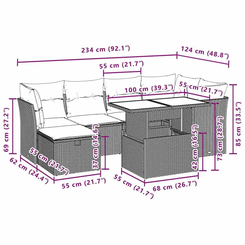 7 Piece Garden Sofa Set Modular Outdoor Furniture PE Rattan Black