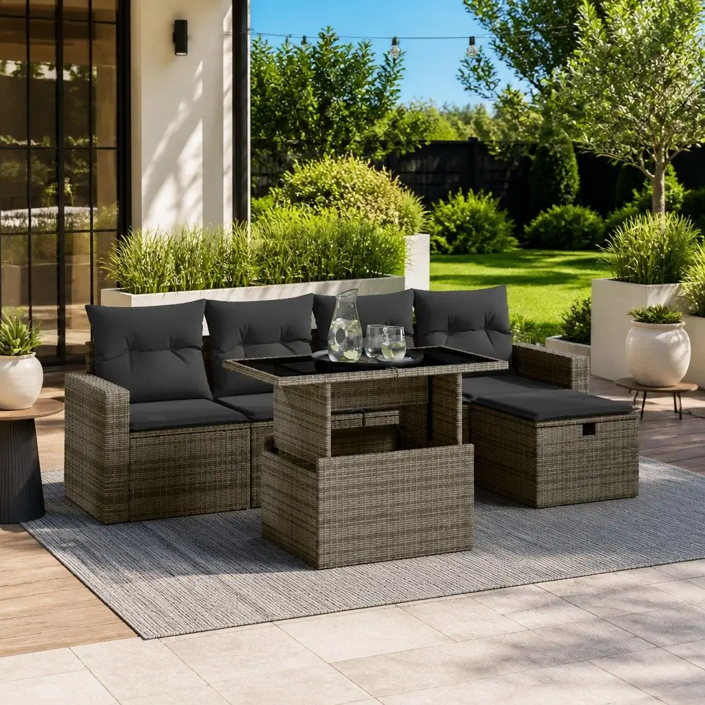 Modular Outdoor Furniture Grey PE Rattan 6 Piece Garden Sofa Set with Adjustable Table