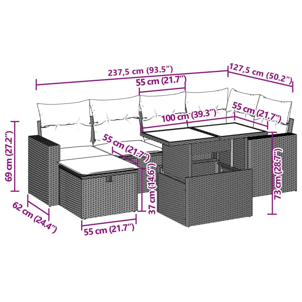 7 Piece Modular Patio Sofa Set PE Rattan with Cushions Black