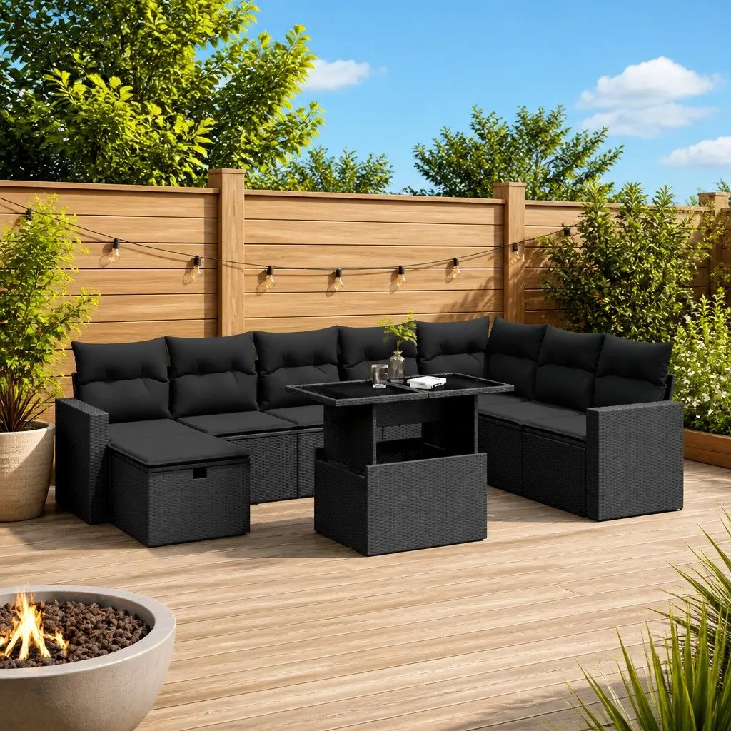 Garden Sofa Set PE Rattan 9 Piece Outdoor Furniture Modular Black with Cushions