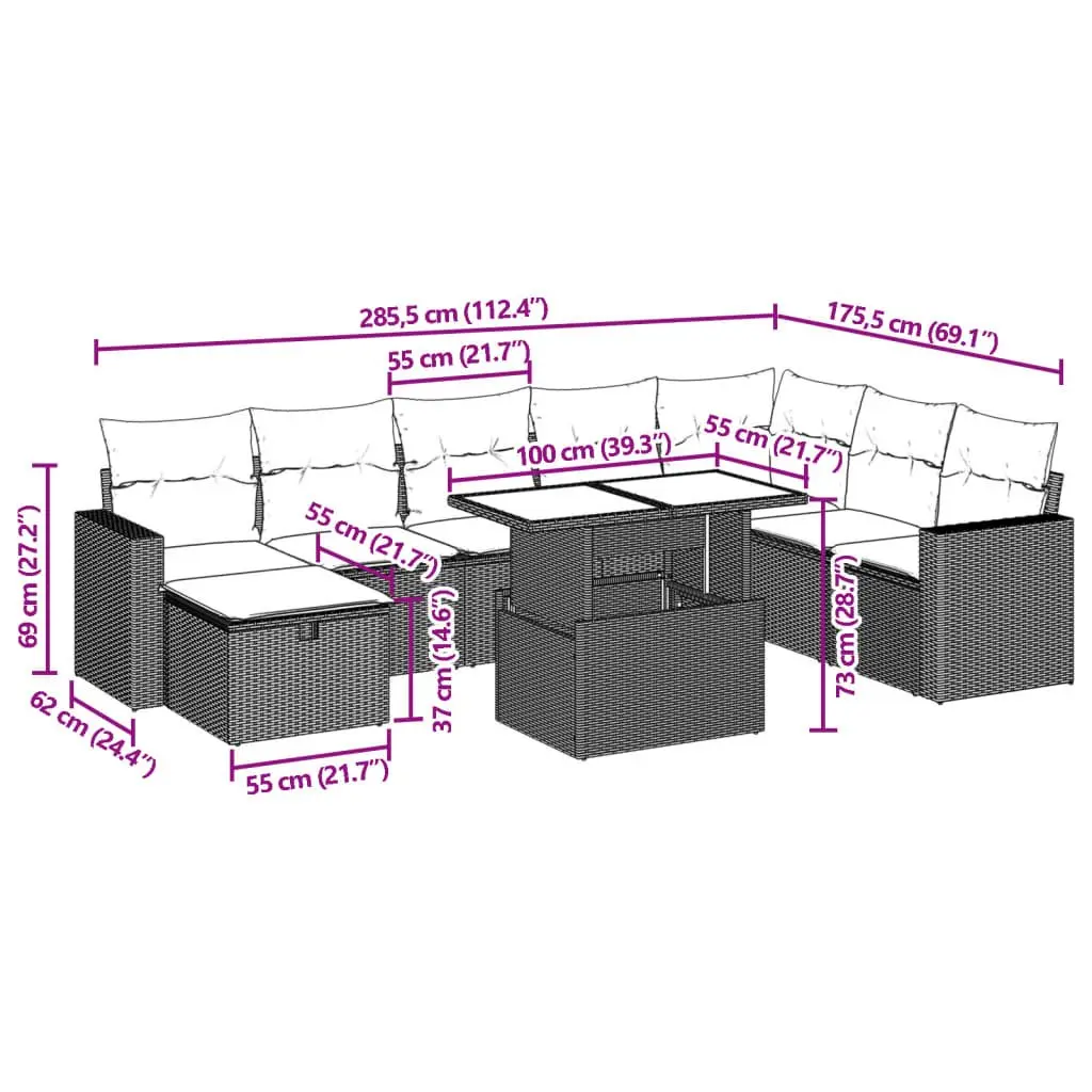 Garden Sofa Set 9 Piece Outdoor Furniture Patio Rattan Modular Sectional Black