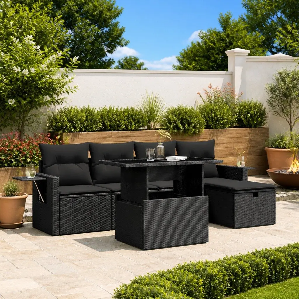 Modular Outdoor Furniture Set 6 Piece Black Poly Rattan Garden Sofa Lounge with Adjustable Table and Removable Cushion Covers