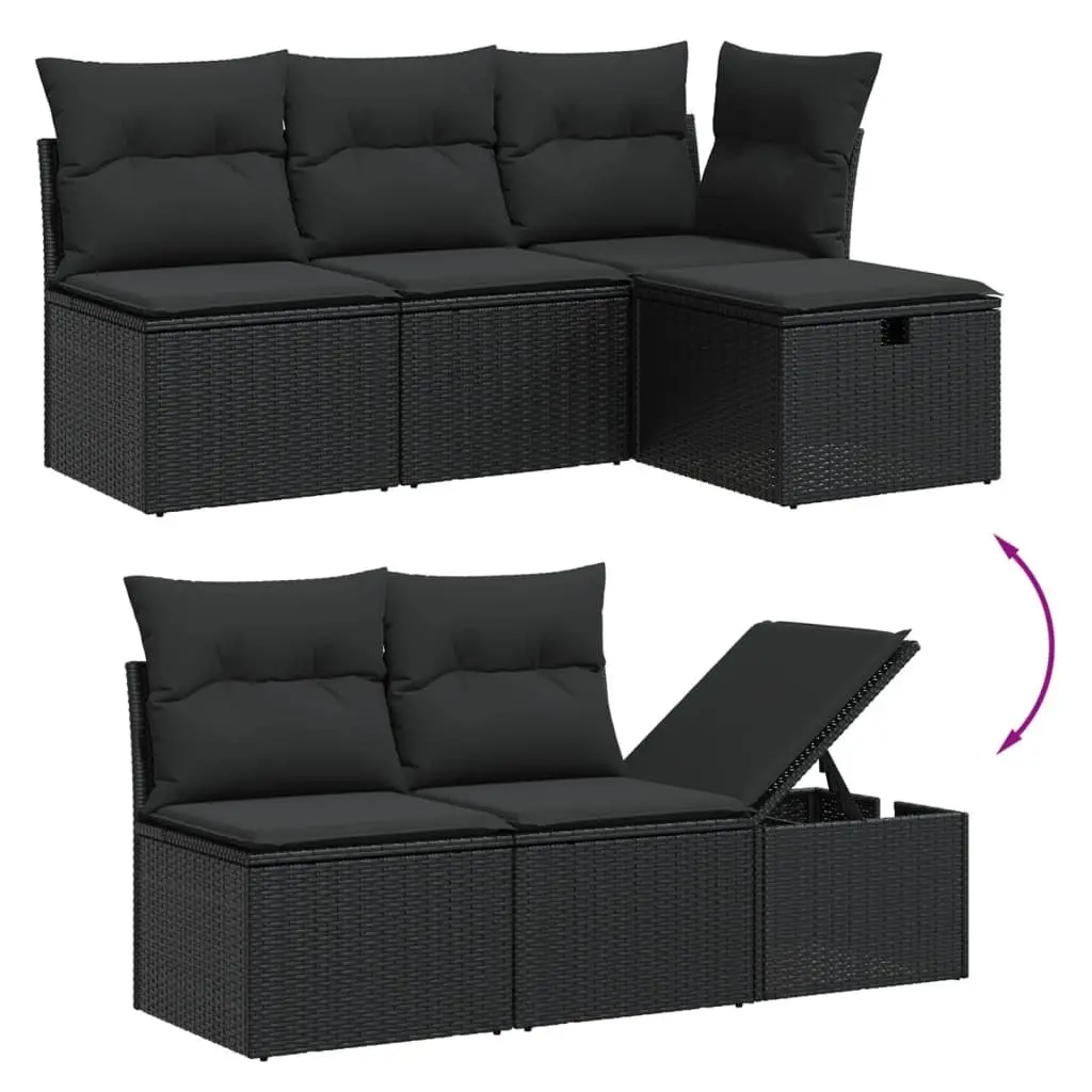 Modular Outdoor Furniture Set 6 Piece Black Poly Rattan Garden Sofa Lounge with Adjustable Table and Removable Cushion Covers