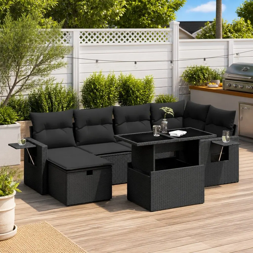 Garden Sofa Set Modular Poly Rattan 7 Piece Outdoor Furniture Black