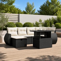 7 Piece Outdoor Garden Sofa Set with Cushions Black Poly Rattan Patio Furniture