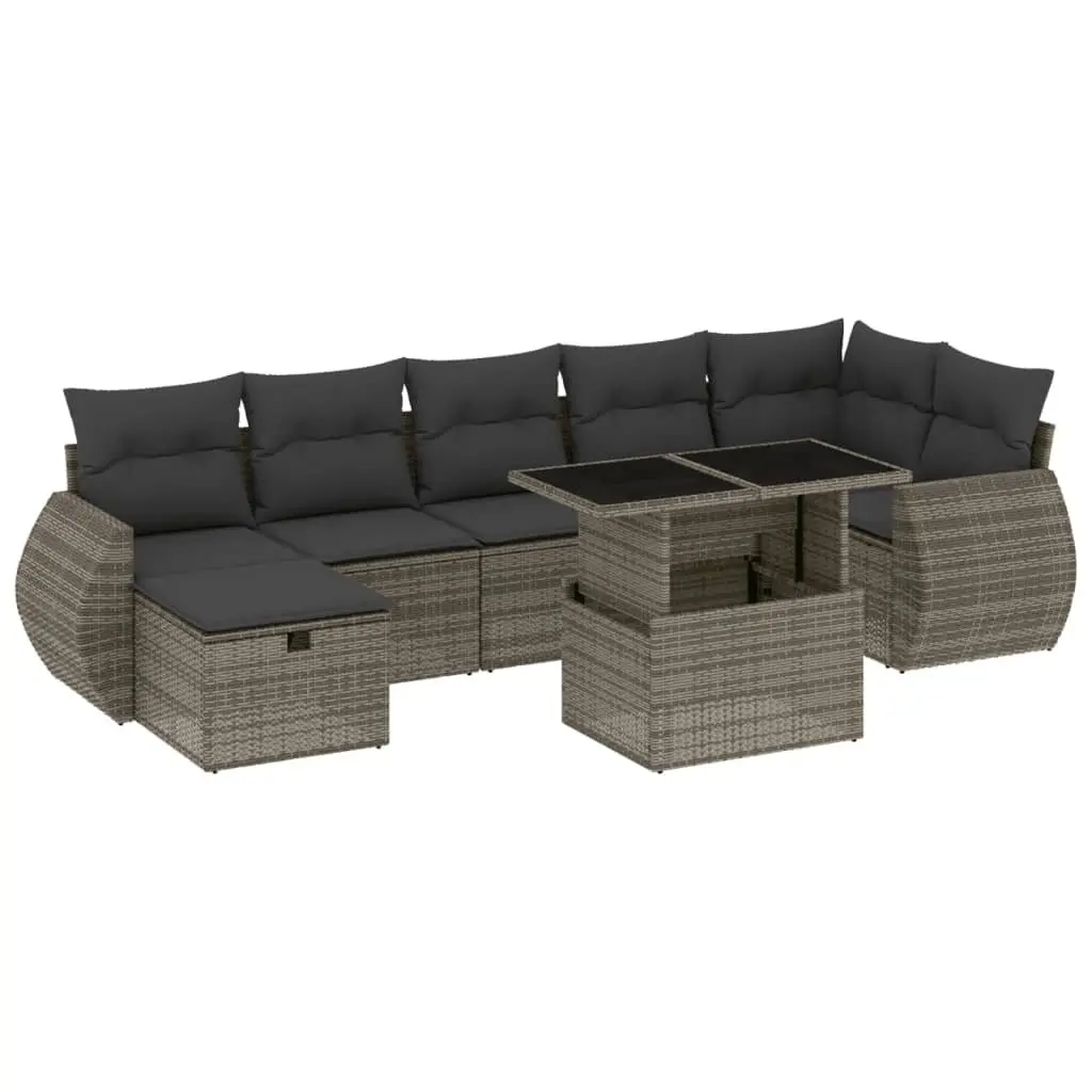 Garden Sofa Set 8 Piece Modular Outdoor Furniture Grey PE Poly Rattan with Tempered Glass Tabletop