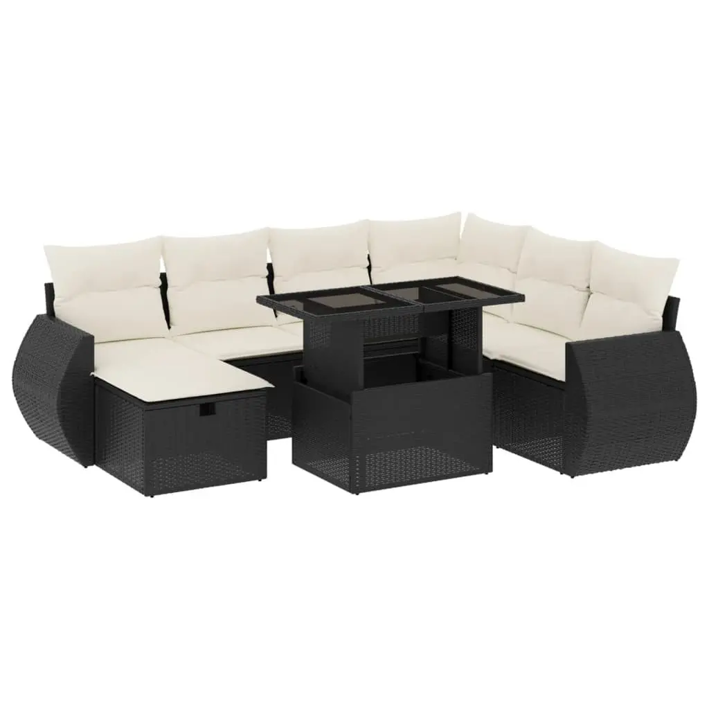 Outdoor Furniture Set Black Modular Patio Sofa 8 Piece PE Poly Rattan Weather Resistant with Adjustable Tempered Glass Tabletop