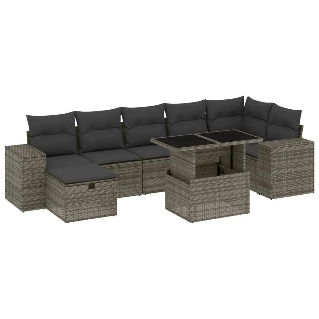 Modular Outdoor Furniture Set Grey PE Rattan 8 Piece Patio Sofa with Adjustable Tabletop and Washable Cushions