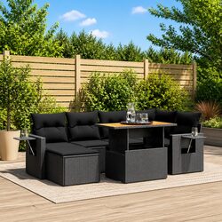7 Piece Garden Sofa Set Outdoor Patio Furniture Black Poly Rattan with Cushions