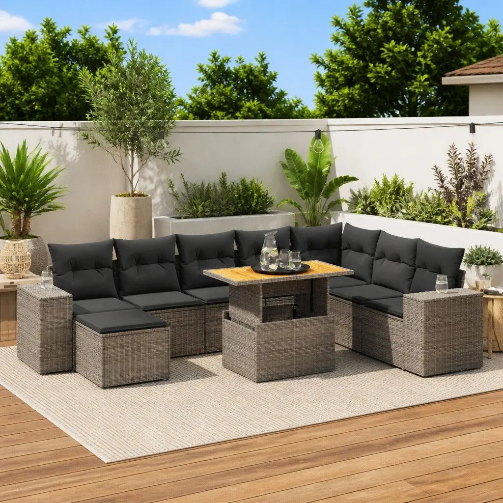 9 Piece Outdoor Garden Sofa Set with Cushions Grey Poly Rattan Furniture Patio