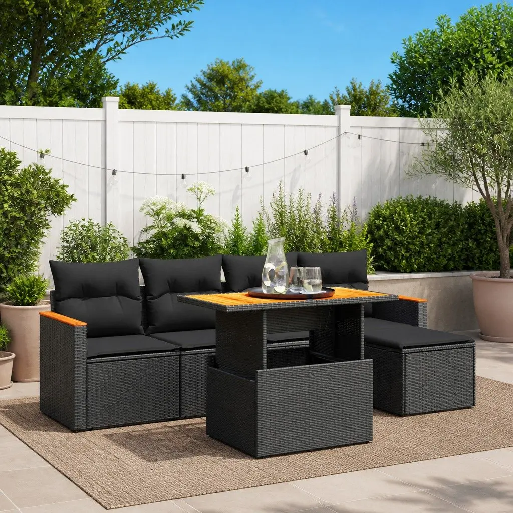 Garden Sofa Set Modular PE Rattan 6 Piece Outdoor Furniture Black Patio Lounge