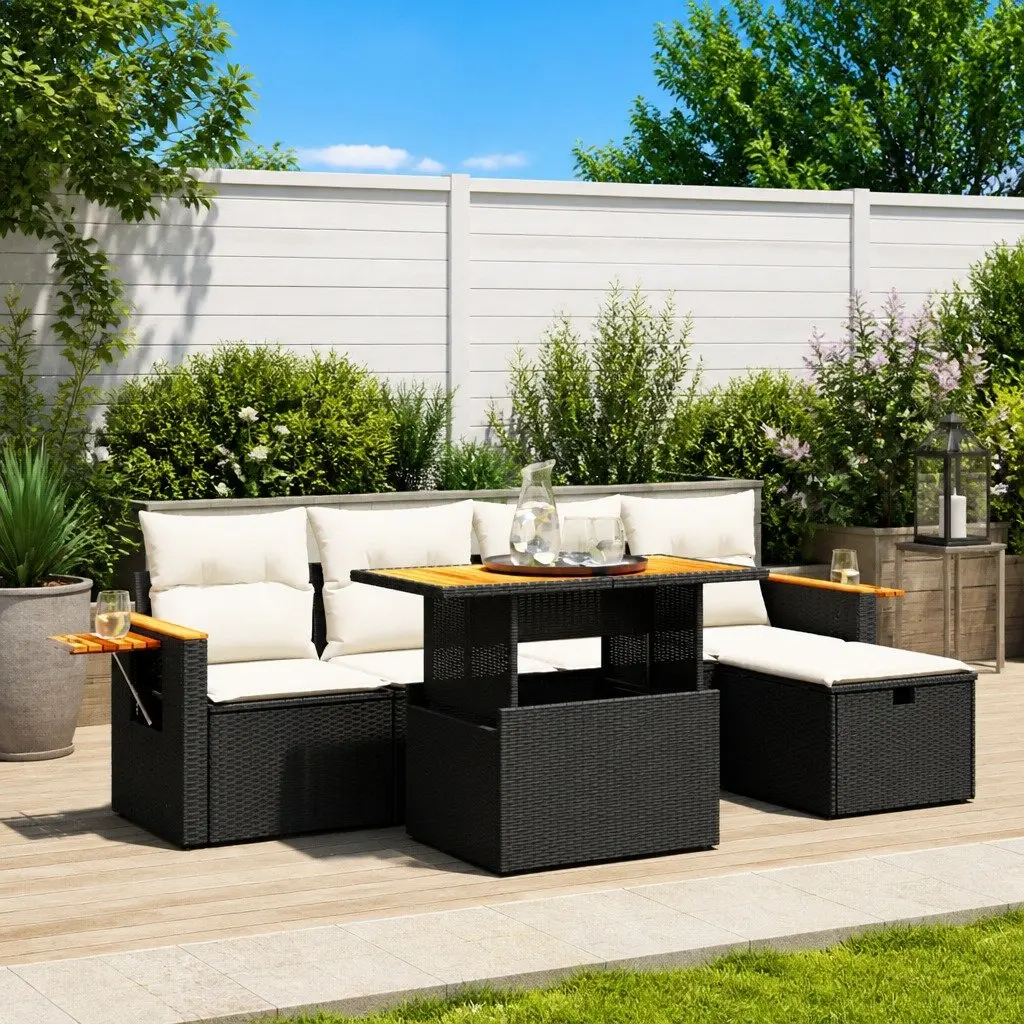 6 Piece Garden Sofa Set PE Rattan Outdoor Patio Furniture Black with Cushions
