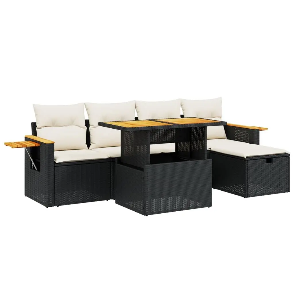 6 Piece Garden Sofa Set PE Rattan Outdoor Patio Furniture Black with Cushions