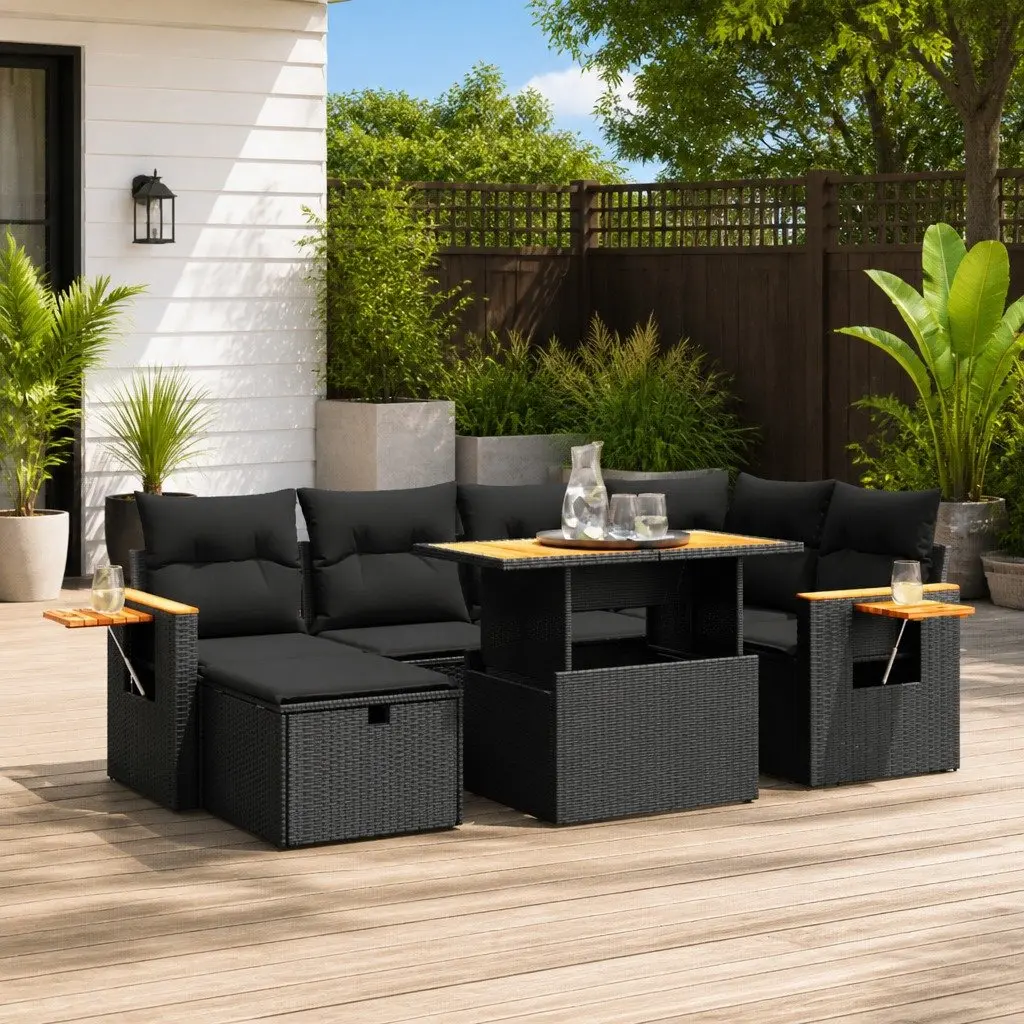 7 Piece Garden Sofa Set Outdoor Furniture PE Rattan Black with Cushions