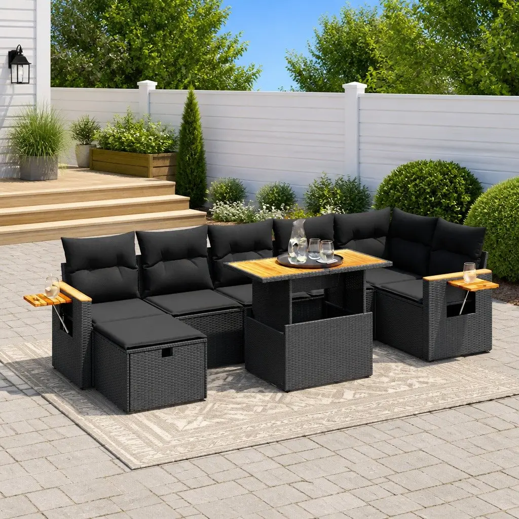 8PieceBlackPolyRattanOutdoorSofaSetModularDesignAdjustableTableandRemovableCushionCovers forPatioSeating