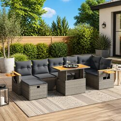 8 Piece Garden Sofa Set with Cushions Grey Poly Rattan Outdoor Patio Furniture