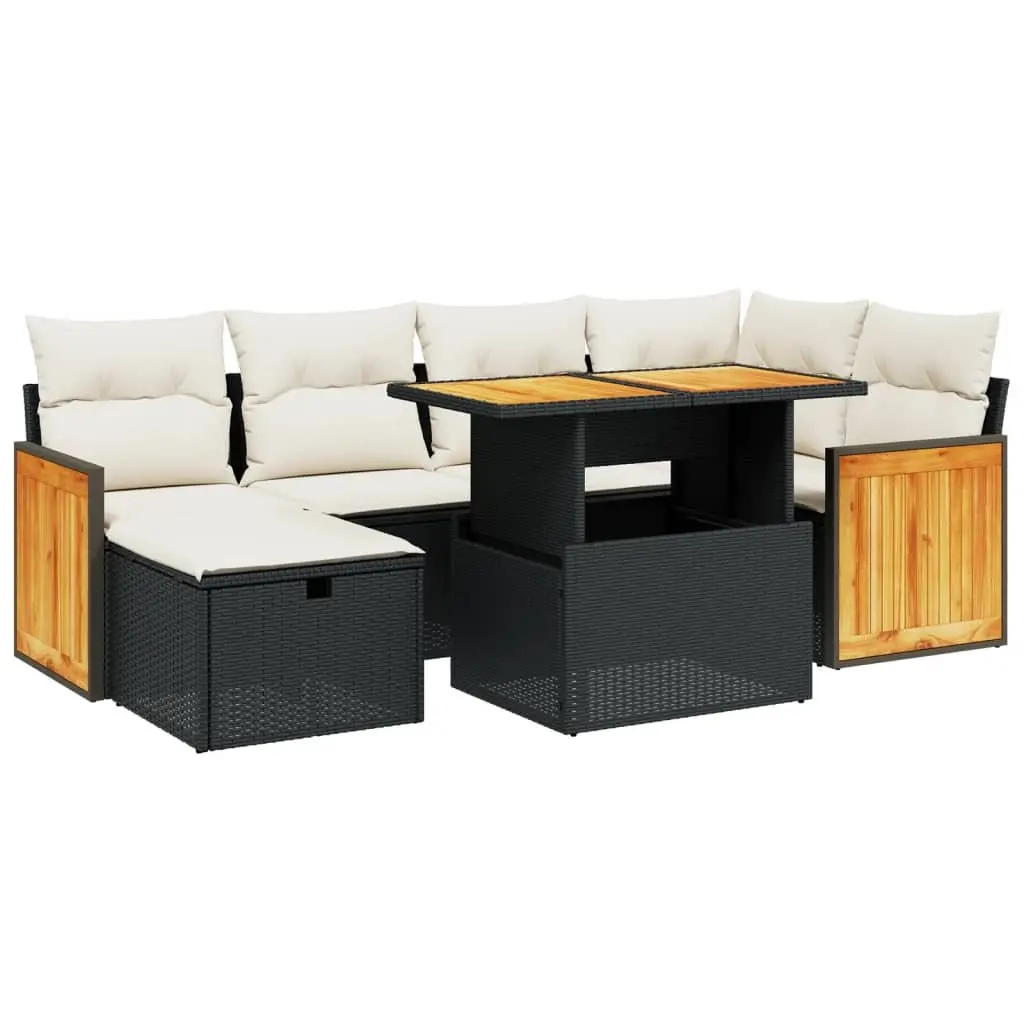 7 Piece Modular Outdoor Sofa Set Black PE Rattan Lounge Furniture with Cushions and Adjustable Table
