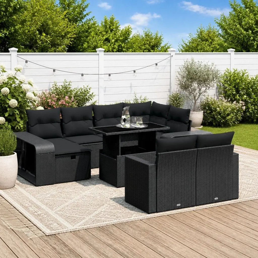 Outdoor Garden Sofa Set 11 Piece Black Poly Rattan Patio Furniture with Cushions