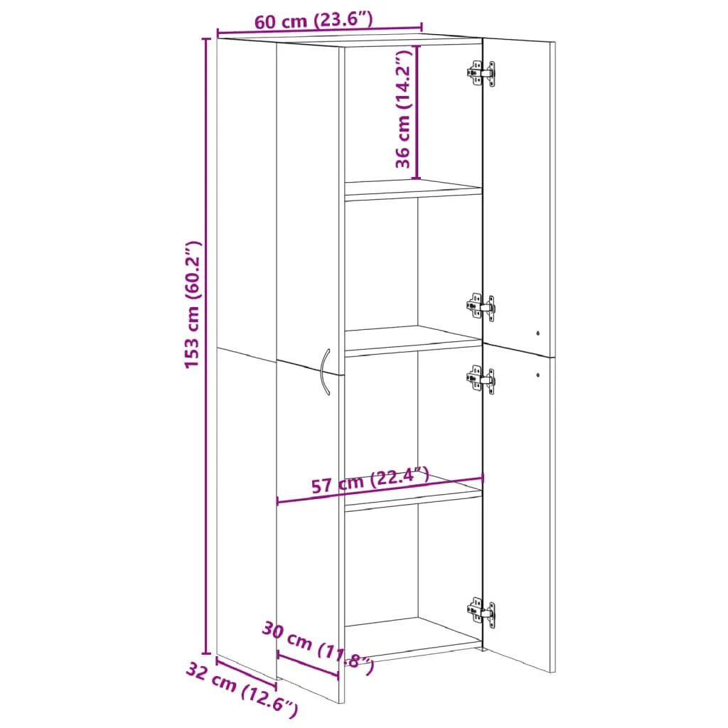 File Cabinet Engineered Wood 60W x 32D x 153H cm White 4 Compartment Storage Office Furniture