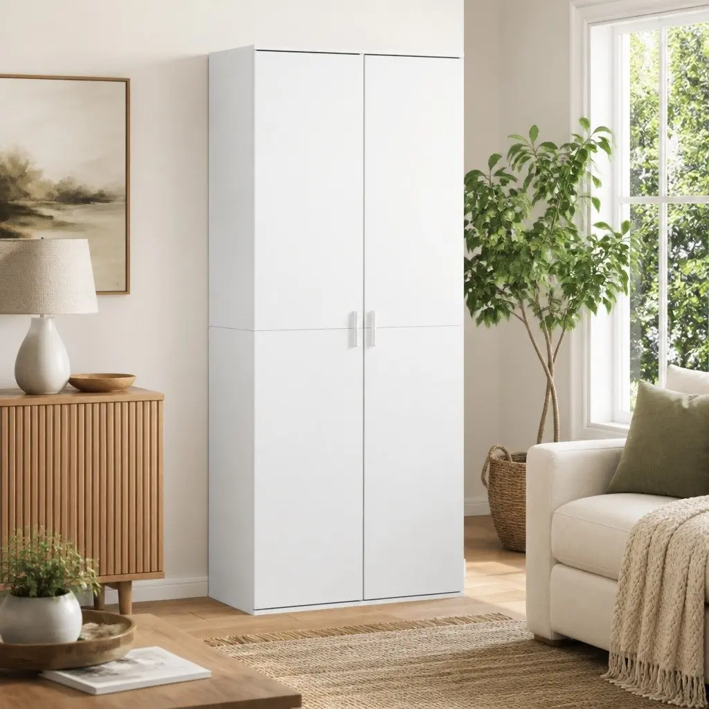 Highboard Cabinet White Engineered Wood 80cm x 35cm x 180cm Storage Unit with Doors