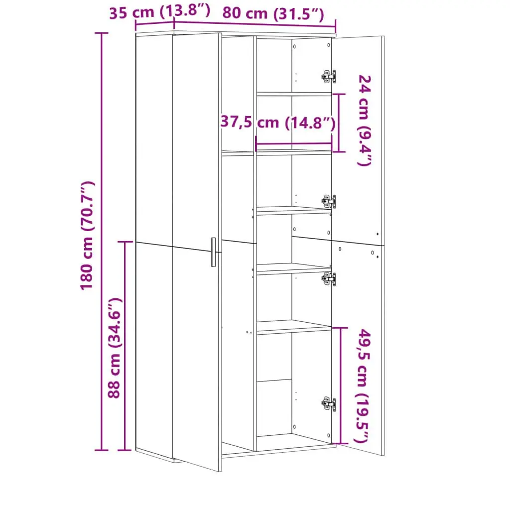 Highboard Cabinet White Engineered Wood 80cm x 35cm x 180cm Storage Unit with Doors