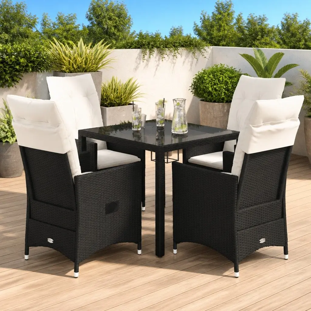 5 Piece Outdoor Dining Set Black Poly Rattan Garden Furniture Patio Table Chairs