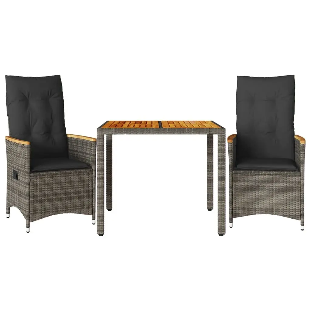 3 Piece Bistro Set Grey Poly Rattan Garden Furniture Outdoor Patio with Cushions