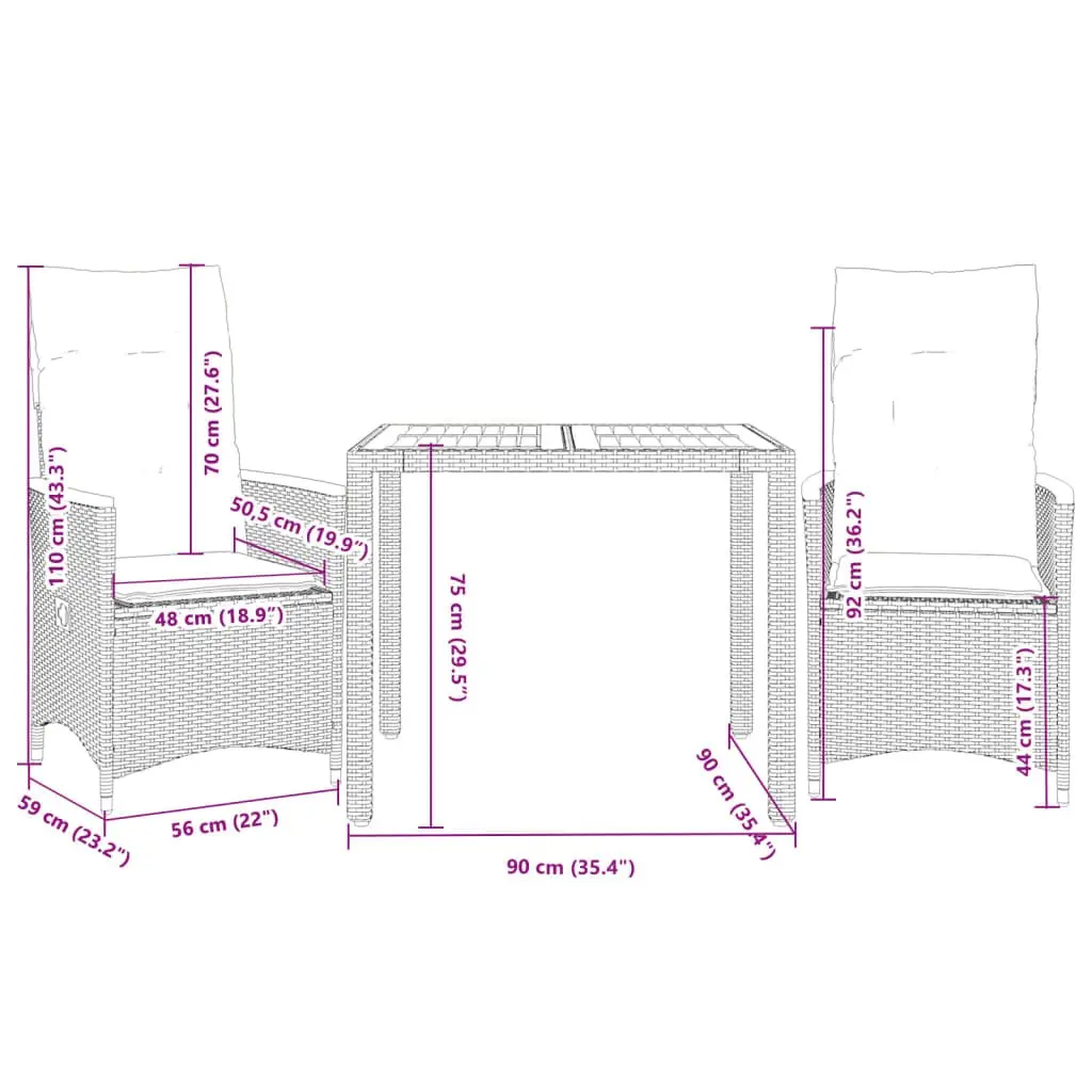3 Piece Bistro Set Grey Poly Rattan Garden Furniture Outdoor Patio with Cushions