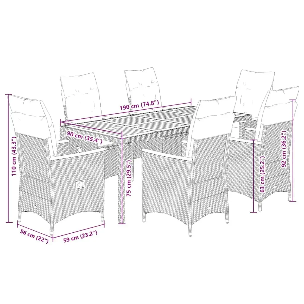 Outdoor Dining Set 7 Piece Garden Furniture Grey PE Rattan with Cushions