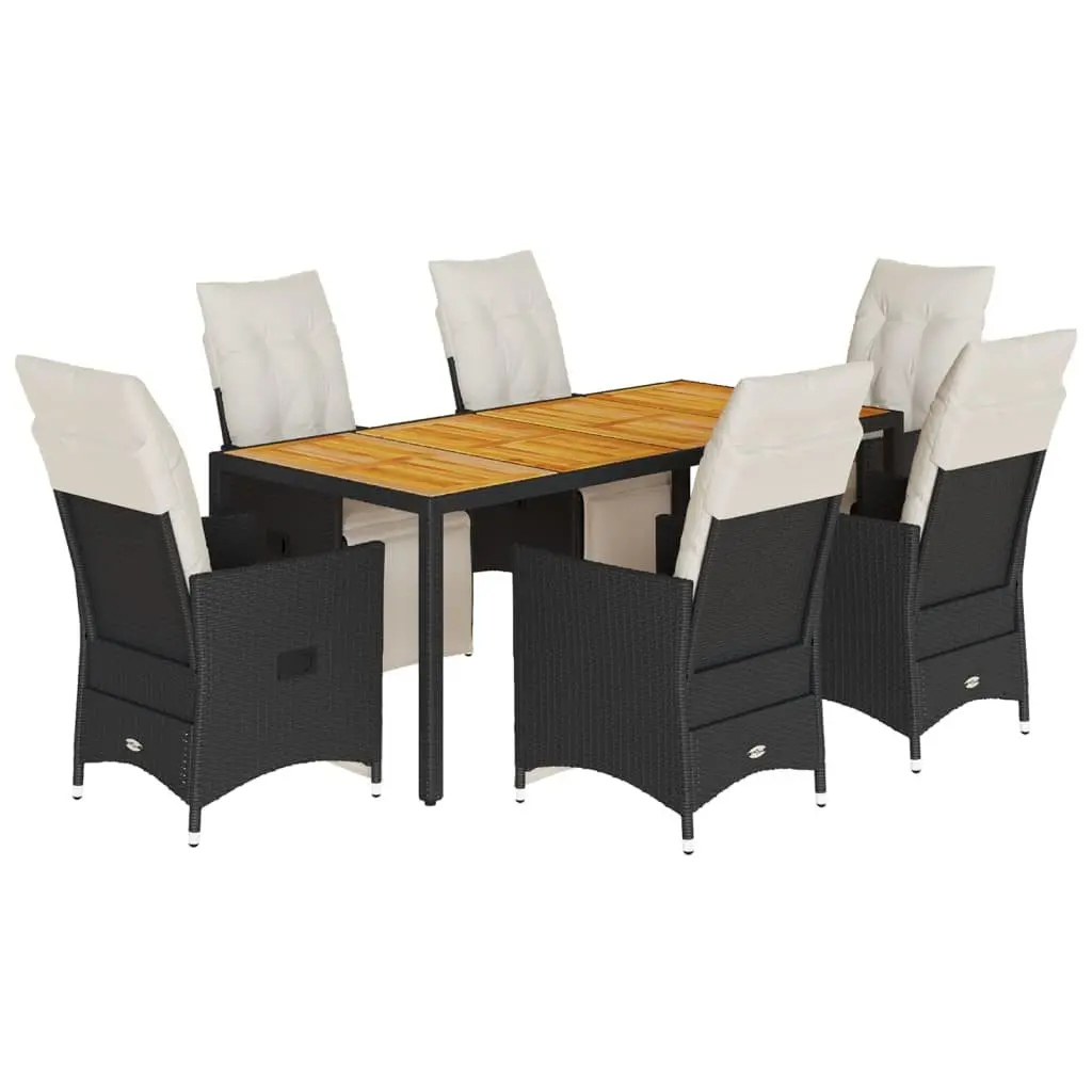 7 Piece Garden Dining Set PE Rattan Acacia Wood Table Black Chairs with Cushions