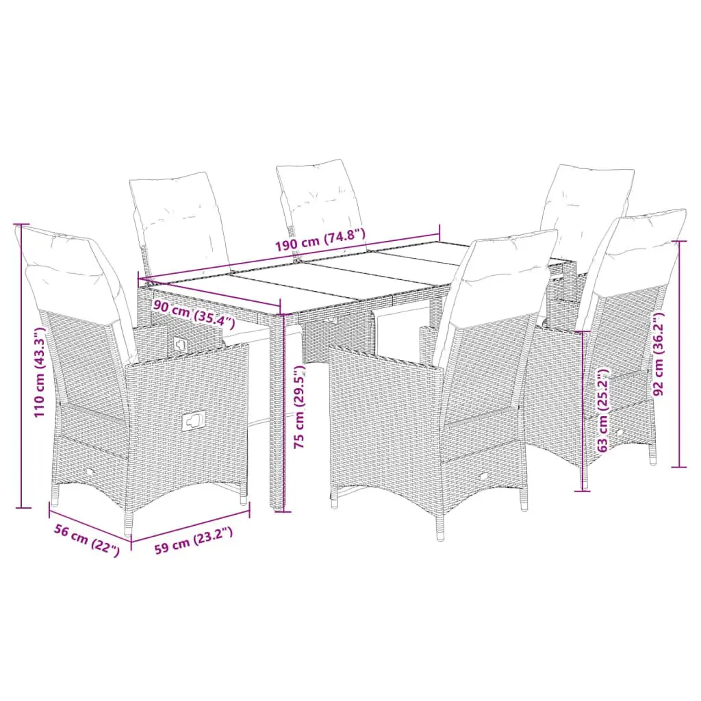 7 Piece Garden Dining Set PE Rattan Acacia Wood Table Black Chairs with Cushions