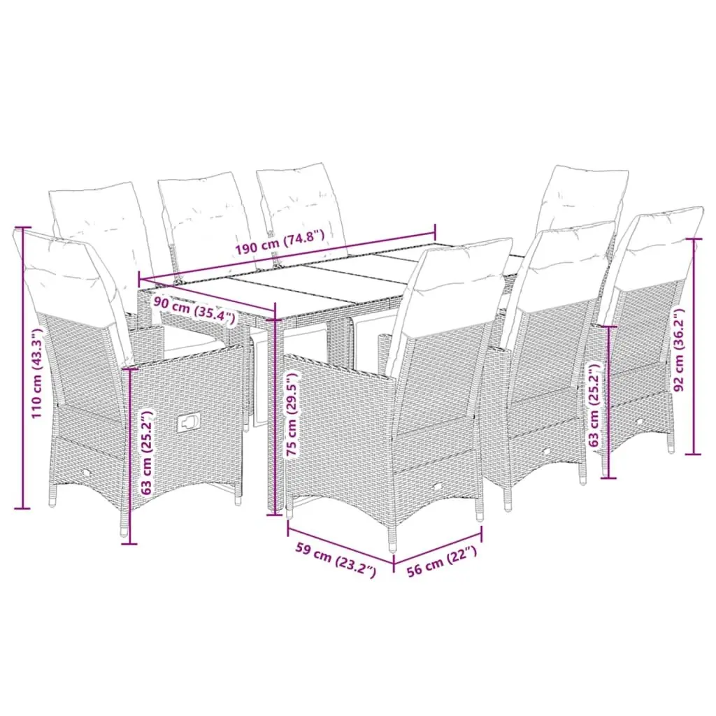 Garden Dining Set 9 Piece Outdoor Furniture Black Poly Rattan with Cushions