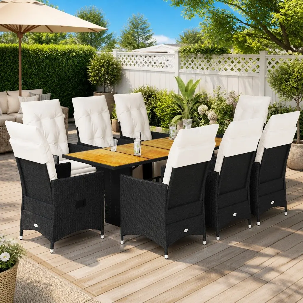 Garden Dining Set Poly Rattan 9 Piece Outdoor Furniture Black Acacia Wood Table