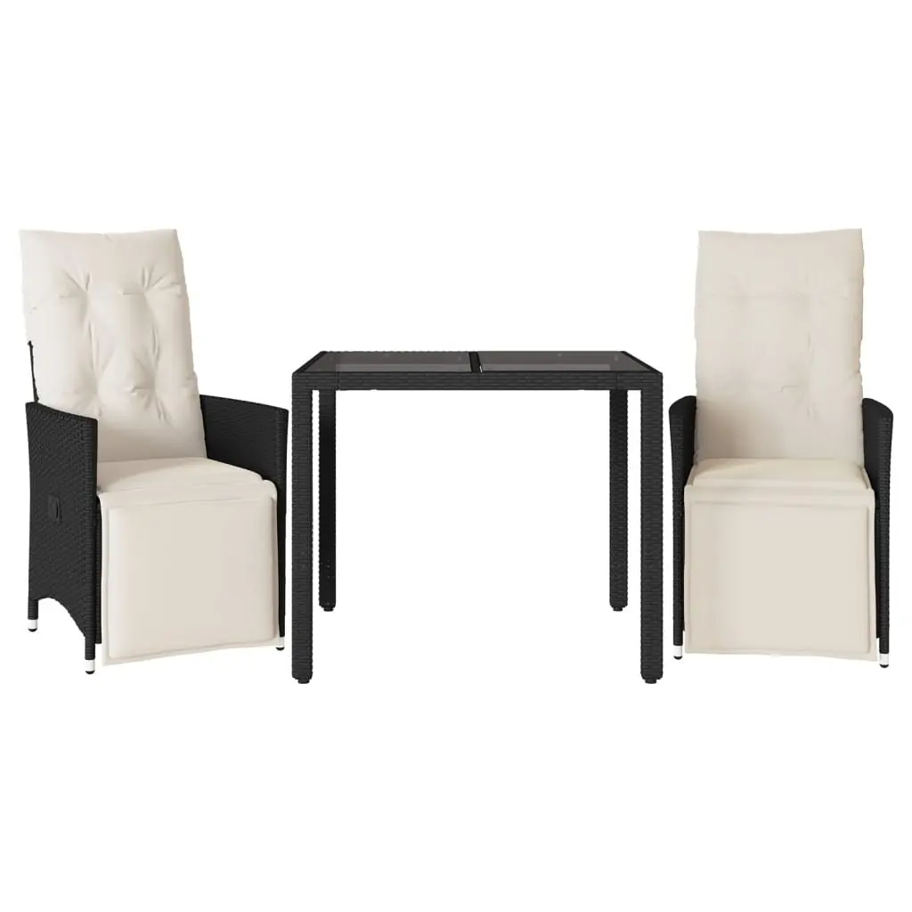 3 Piece Outdoor Bistro Set Black Poly Rattan Garden Furniture with Cushions
