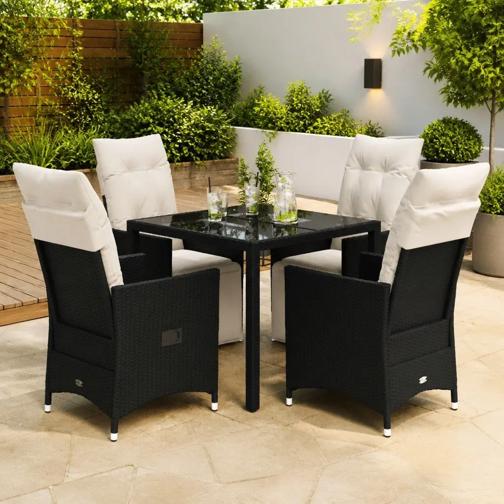 5 Piece Outdoor Rattan Dining Set with Cushions Glass Table Black for Patio Garden