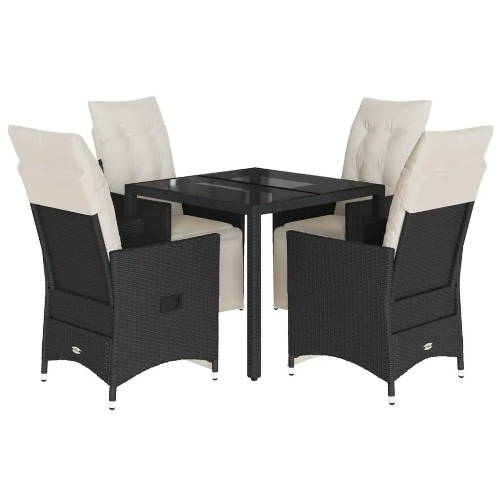 5 Piece Outdoor Rattan Dining Set with Cushions Glass Table Black for Patio Garden