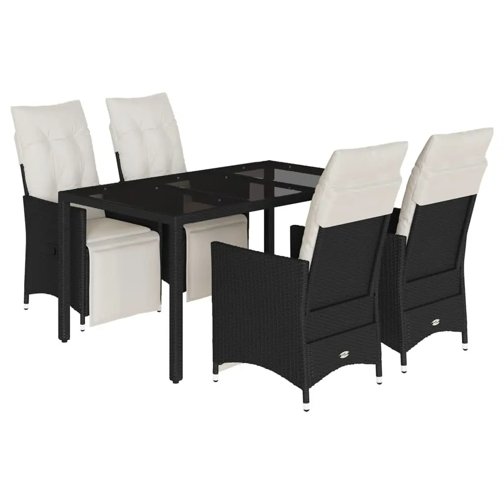 5 Piece Outdoor Dining Set Black PE Rattan with Cushions and Glass Top