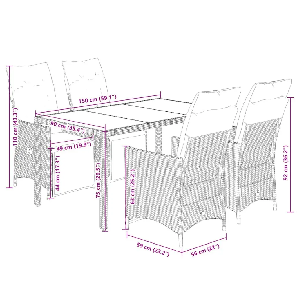 5 Piece Outdoor Dining Set Black PE Rattan with Cushions and Glass Top