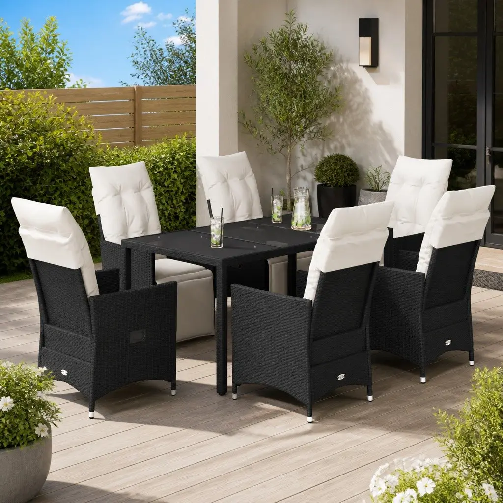 Garden Dining Set 7 Piece Black Poly Rattan Patio Furniture with Cushions