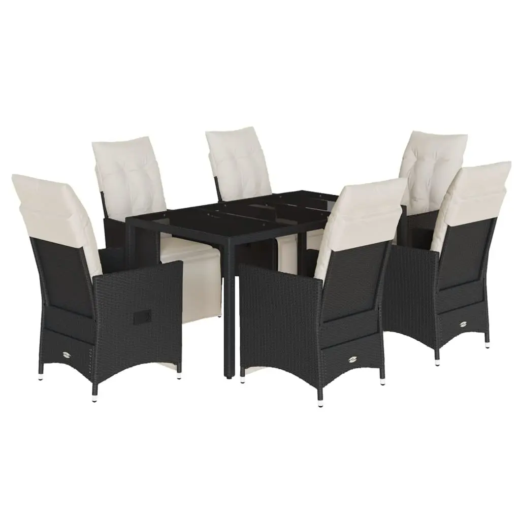 Garden Dining Set 7 Piece Black Poly Rattan Patio Furniture with Cushions