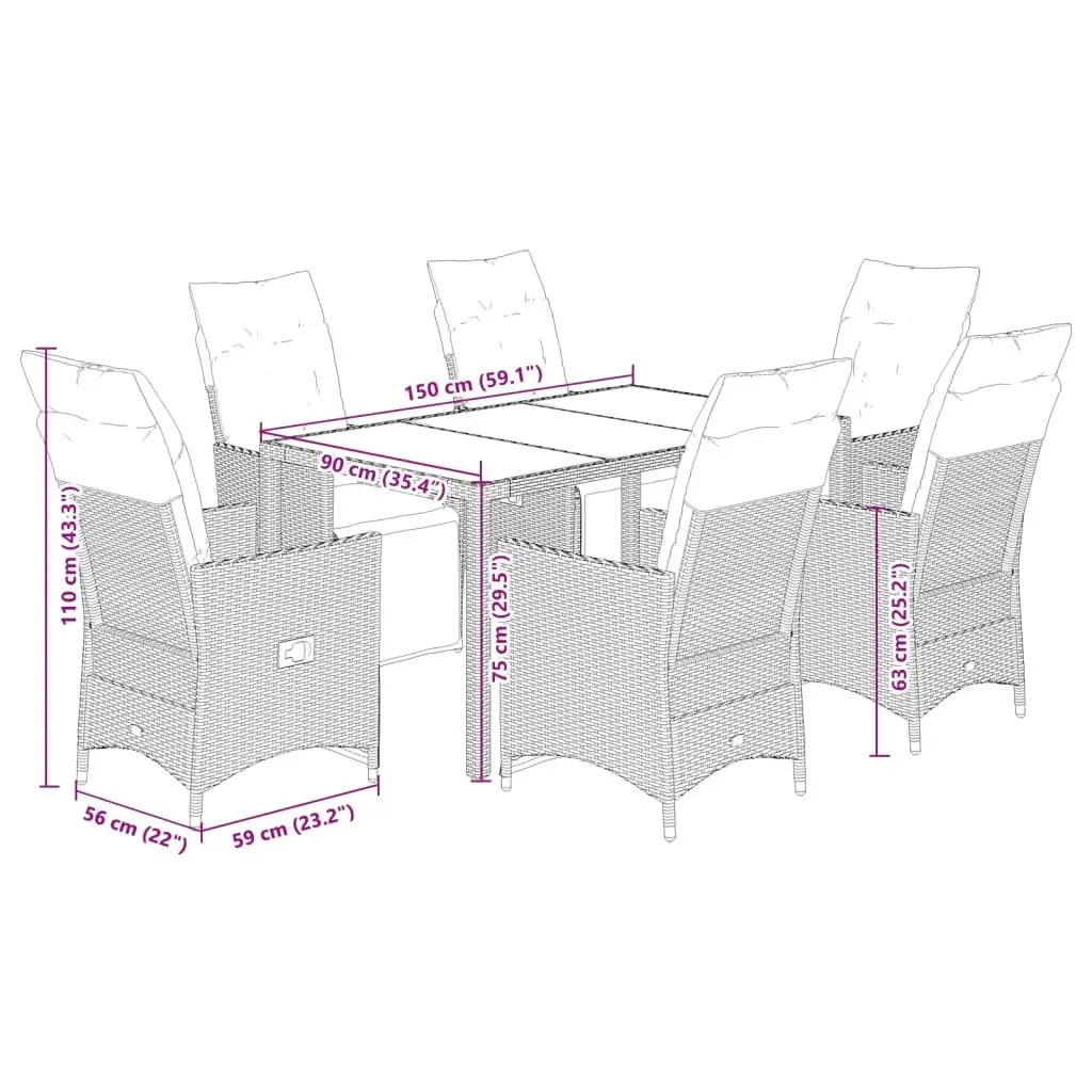 Garden Dining Set 7 Piece Black Poly Rattan Patio Furniture with Cushions